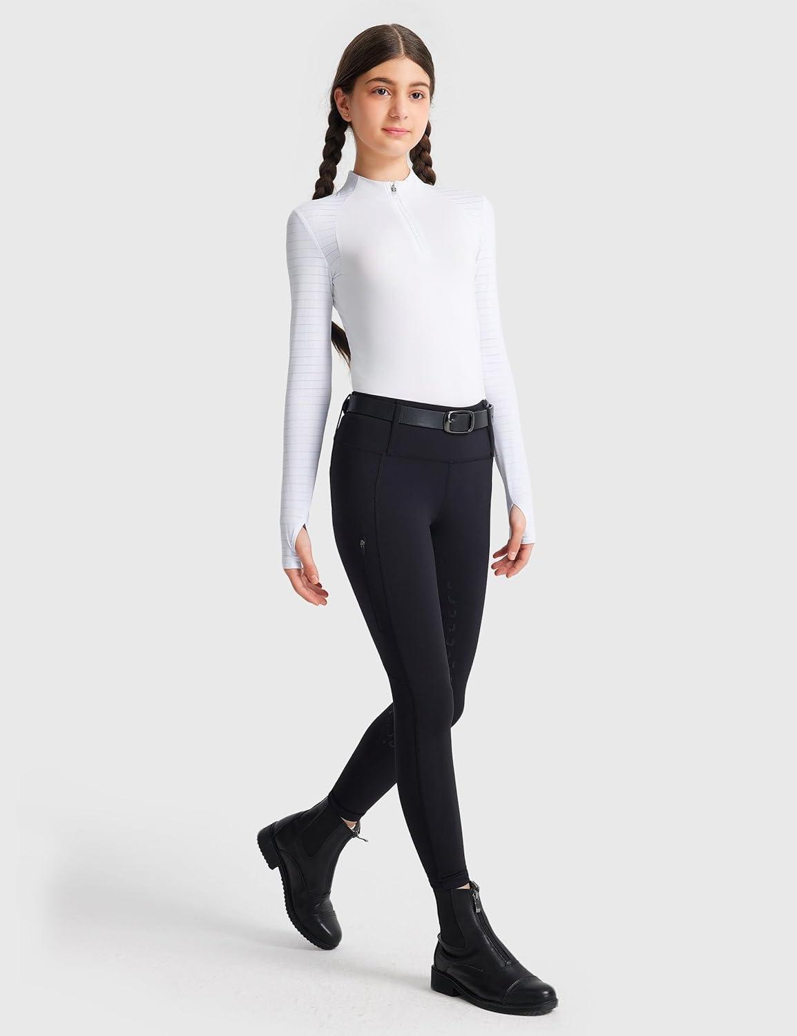 image:imageFitsT4 Sports Girls Long Sleeve Equestrian Shirt Summer Horse Riding Shirts Half Zip Horseback Show Shirt Athletic TopsWhite