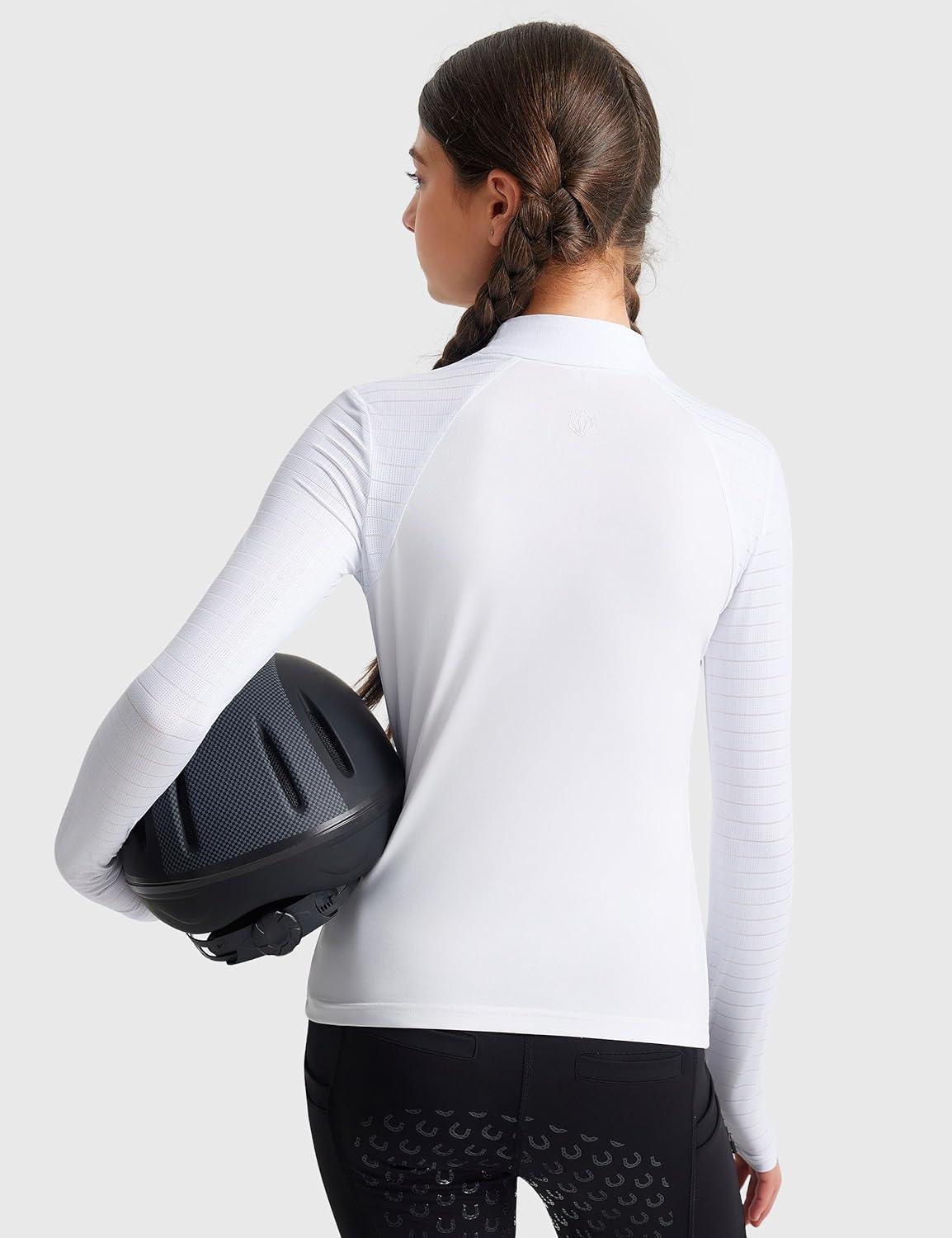 image:imageFitsT4 Sports Girls Long Sleeve Equestrian Shirt Summer Horse Riding Shirts Half Zip Horseback Show Shirt Athletic TopsWhite