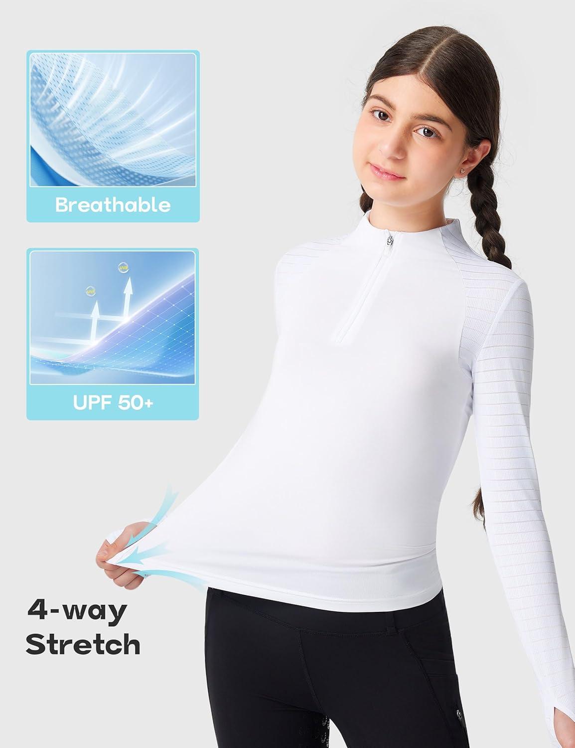image:imageFitsT4 Sports Girls Long Sleeve Equestrian Shirt Summer Horse Riding Shirts Half Zip Horseback Show Shirt Athletic TopsWhite