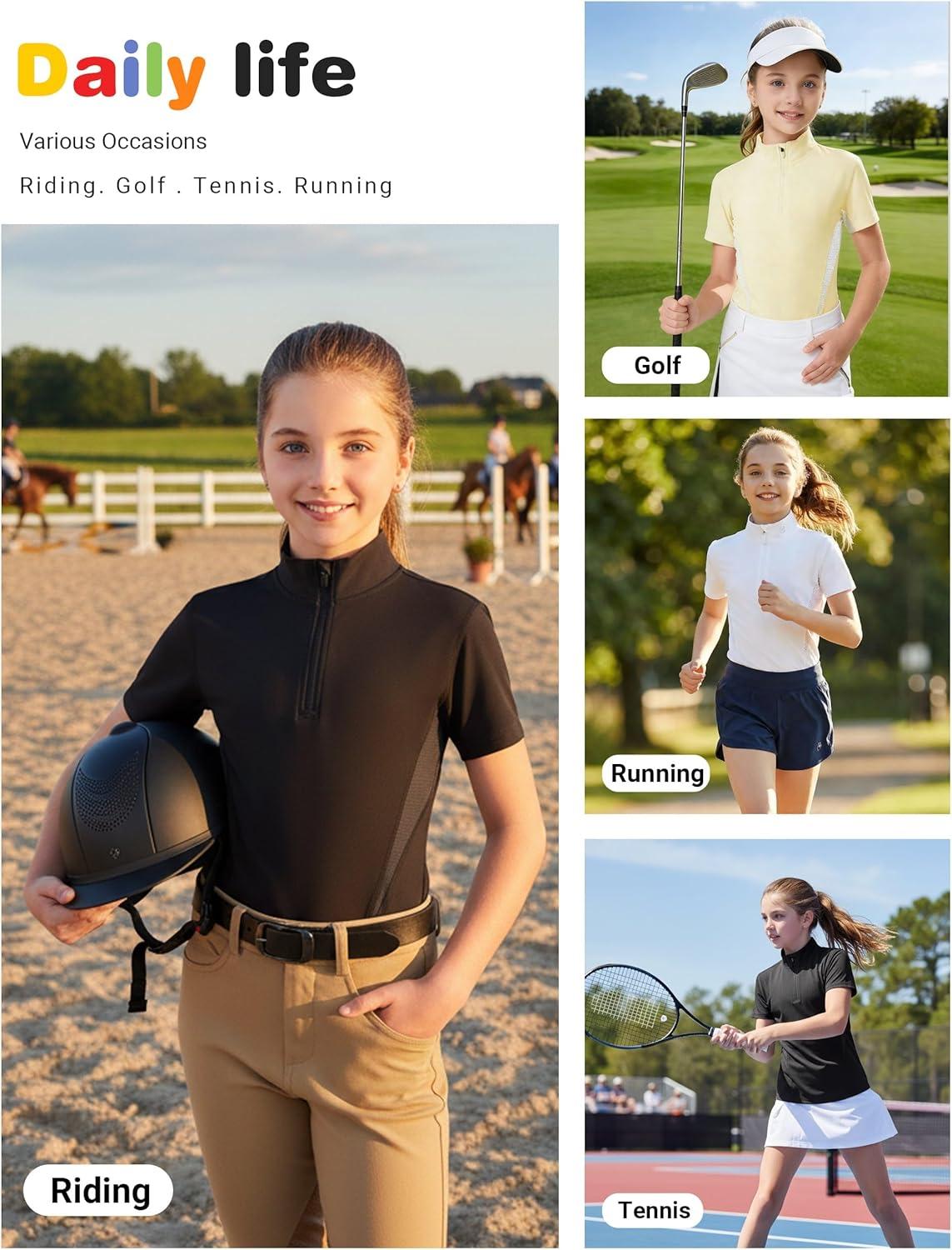 image:imageFitsT4 Sports Girls Short Sleeve Equestrian Shirt Quick Dry Horse Riding Shirts Half Zip Horseback Show ShirtBlack Mesh