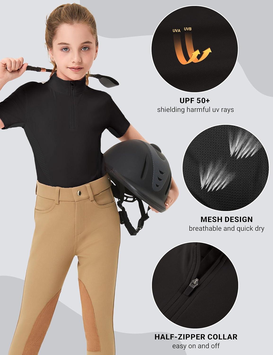 image:imageFitsT4 Sports Girls Short Sleeve Equestrian Shirt Quick Dry Horse Riding Shirts Half Zip Horseback Show ShirtBlack Mesh