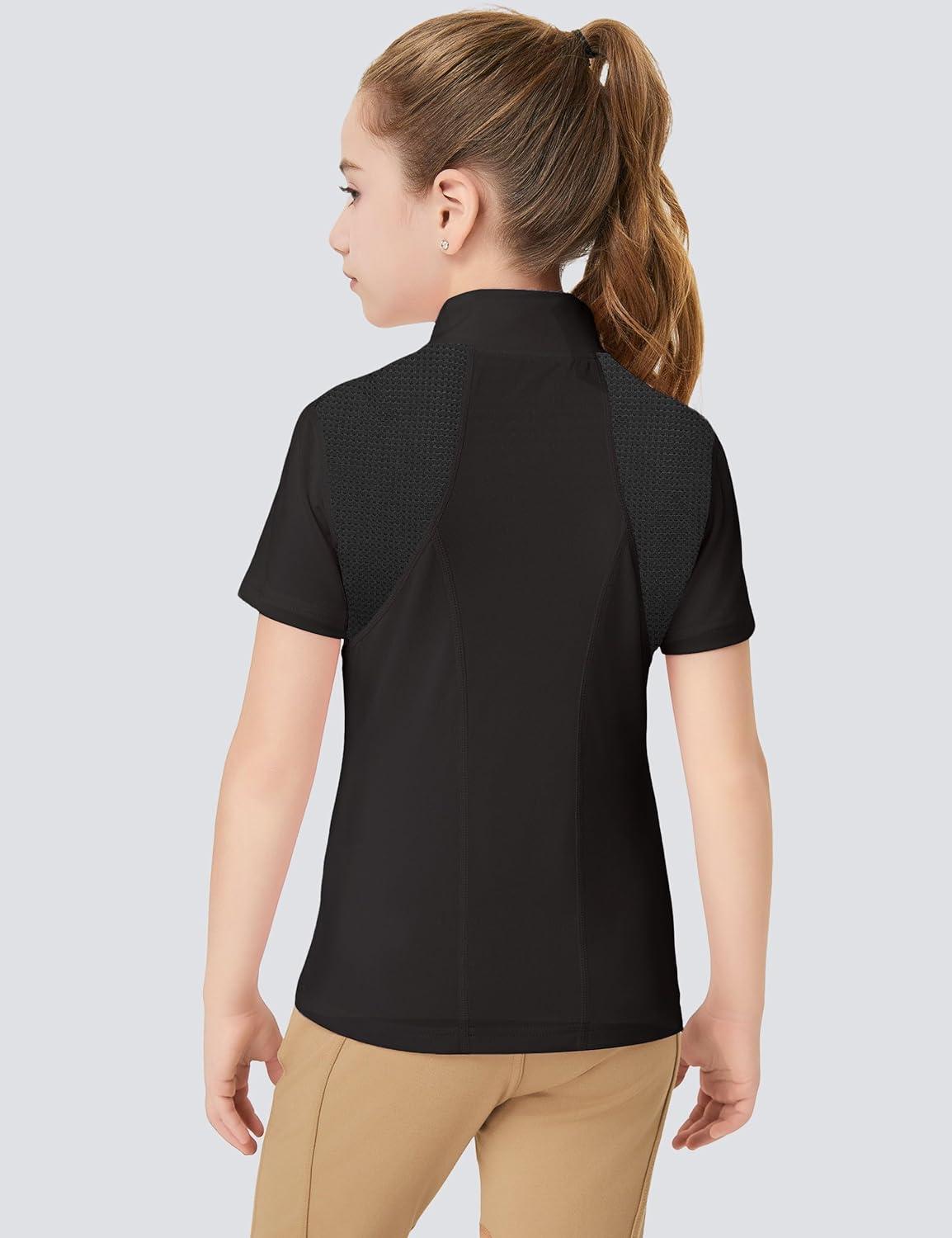 image:imageFitsT4 Sports Girls Short Sleeve Equestrian Shirt Quick Dry Horse Riding Shirts Half Zip Horseback Show ShirtBlack Mesh