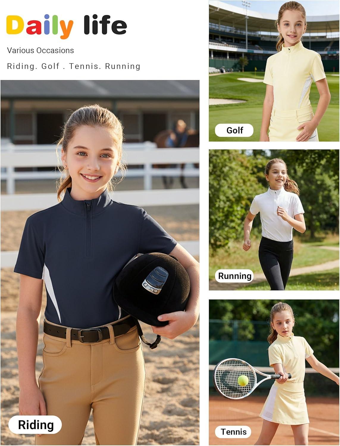 image:imageFitsT4 Sports Girls Short Sleeve Equestrian Shirt Quick Dry Horse Riding Shirts Half Zip Horseback Show ShirtBlue Gray