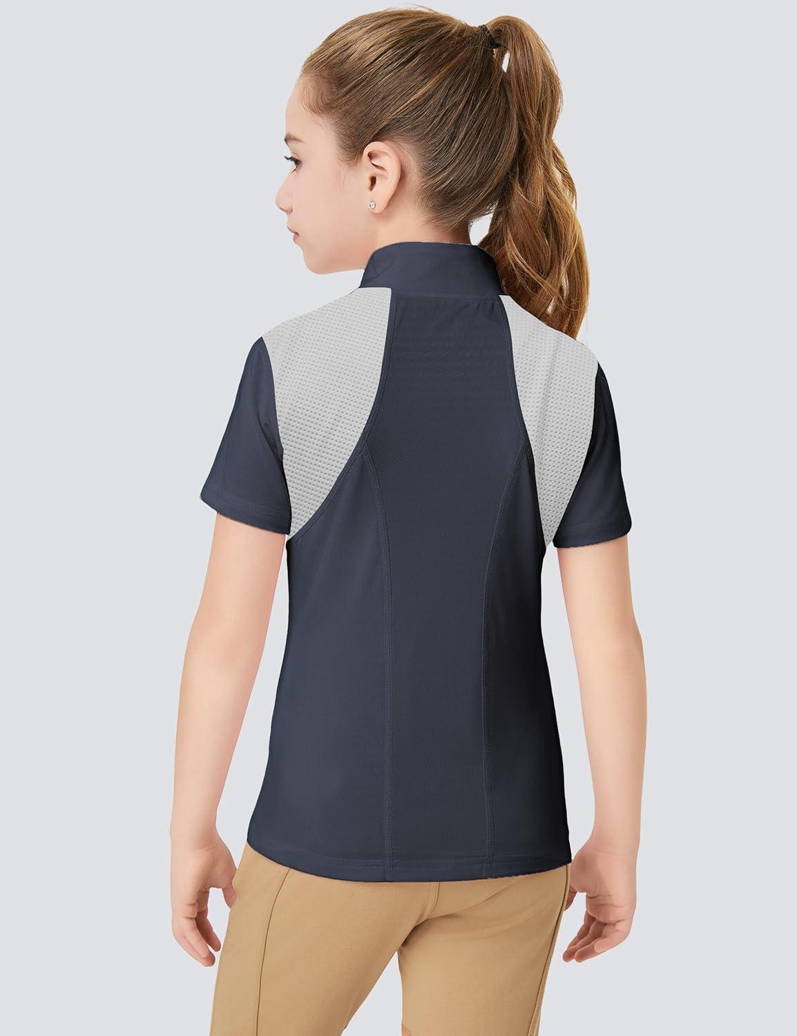 image:imageFitsT4 Sports Girls Short Sleeve Equestrian Shirt Quick Dry Horse Riding Shirts Half Zip Horseback Show ShirtBlue Gray