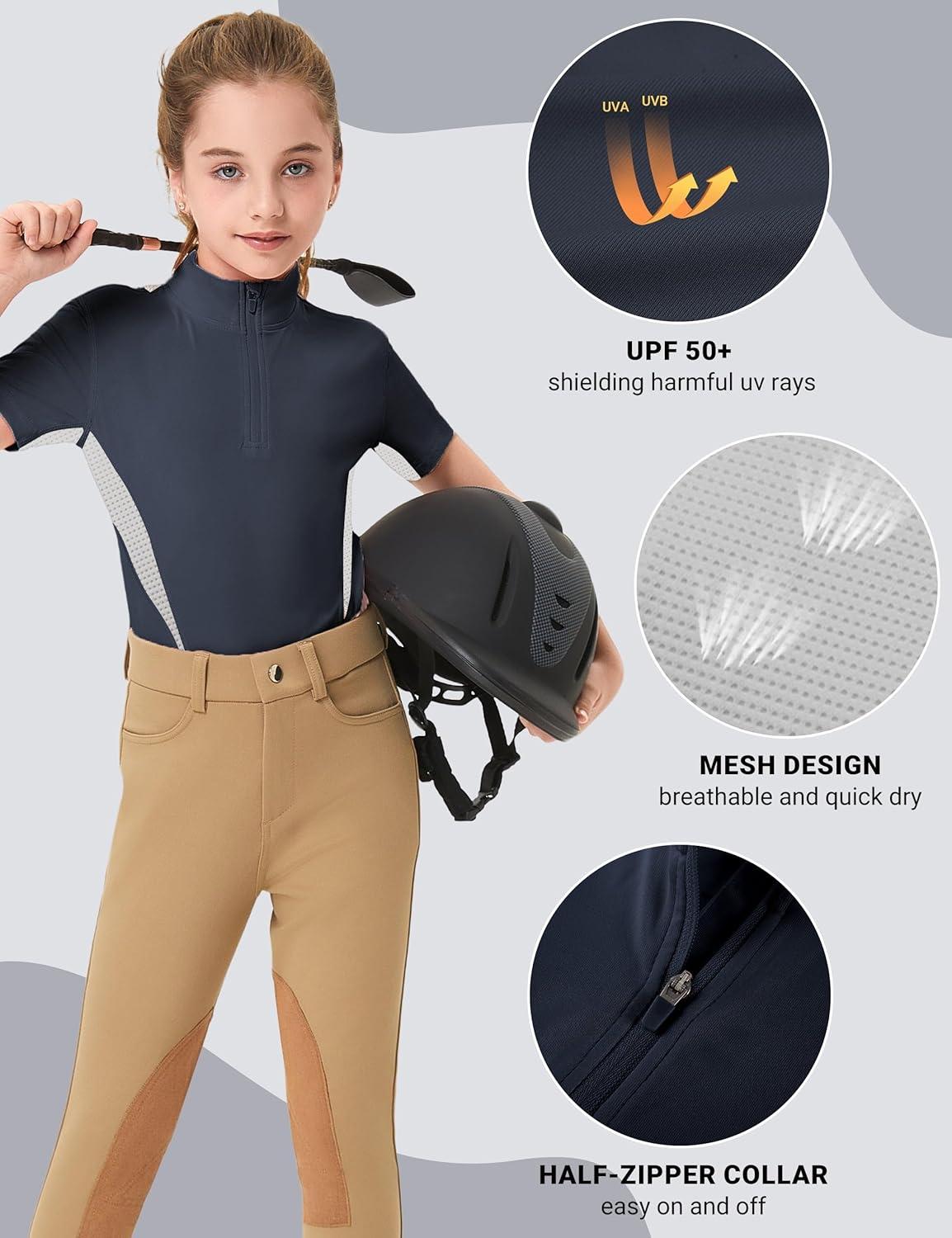 image:imageFitsT4 Sports Girls Short Sleeve Equestrian Shirt Quick Dry Horse Riding Shirts Half Zip Horseback Show ShirtBlue Gray