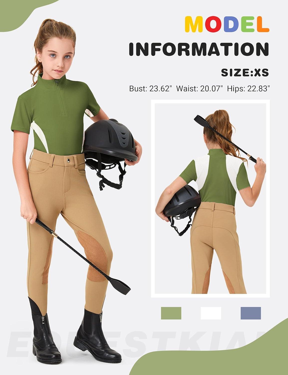 image:imageFitsT4 Sports Girls Short Sleeve Equestrian Shirt Quick Dry Horse Riding Shirts Half Zip Horseback Show ShirtDark Green