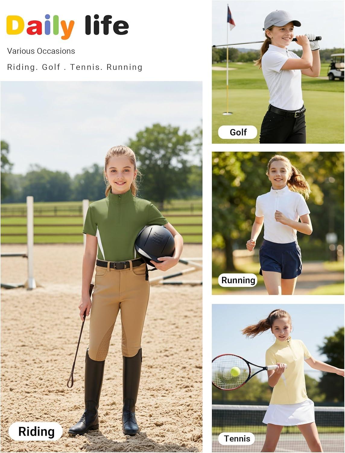 image:imageFitsT4 Sports Girls Short Sleeve Equestrian Shirt Quick Dry Horse Riding Shirts Half Zip Horseback Show ShirtDark Green