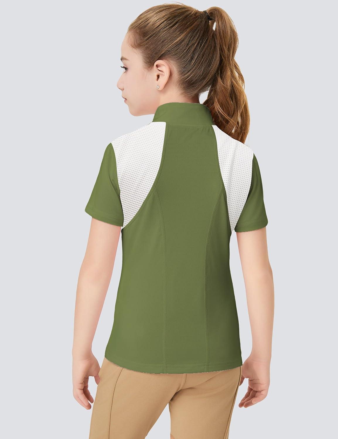 image:imageFitsT4 Sports Girls Short Sleeve Equestrian Shirt Quick Dry Horse Riding Shirts Half Zip Horseback Show ShirtDark Green