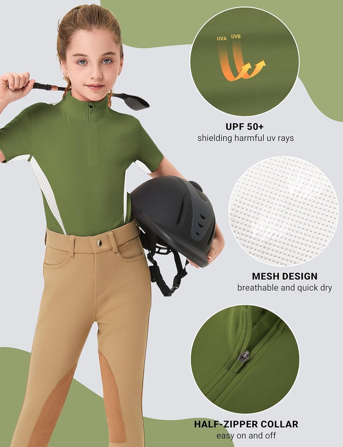 image:imageFitsT4 Sports Girls Short Sleeve Equestrian Shirt Quick Dry Horse Riding Shirts Half Zip Horseback Show ShirtDark Green