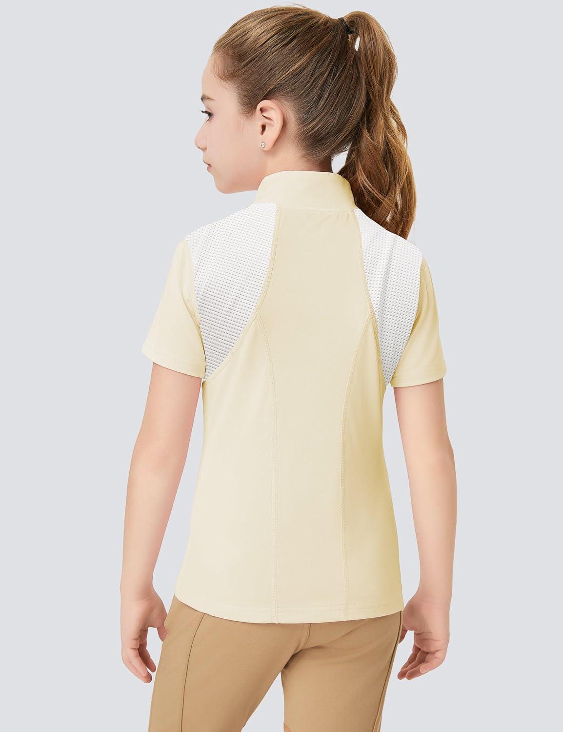 image:imageFitsT4 Sports Girls Short Sleeve Equestrian Shirt Quick Dry Horse Riding Shirts Half Zip Horseback Show ShirtYellow