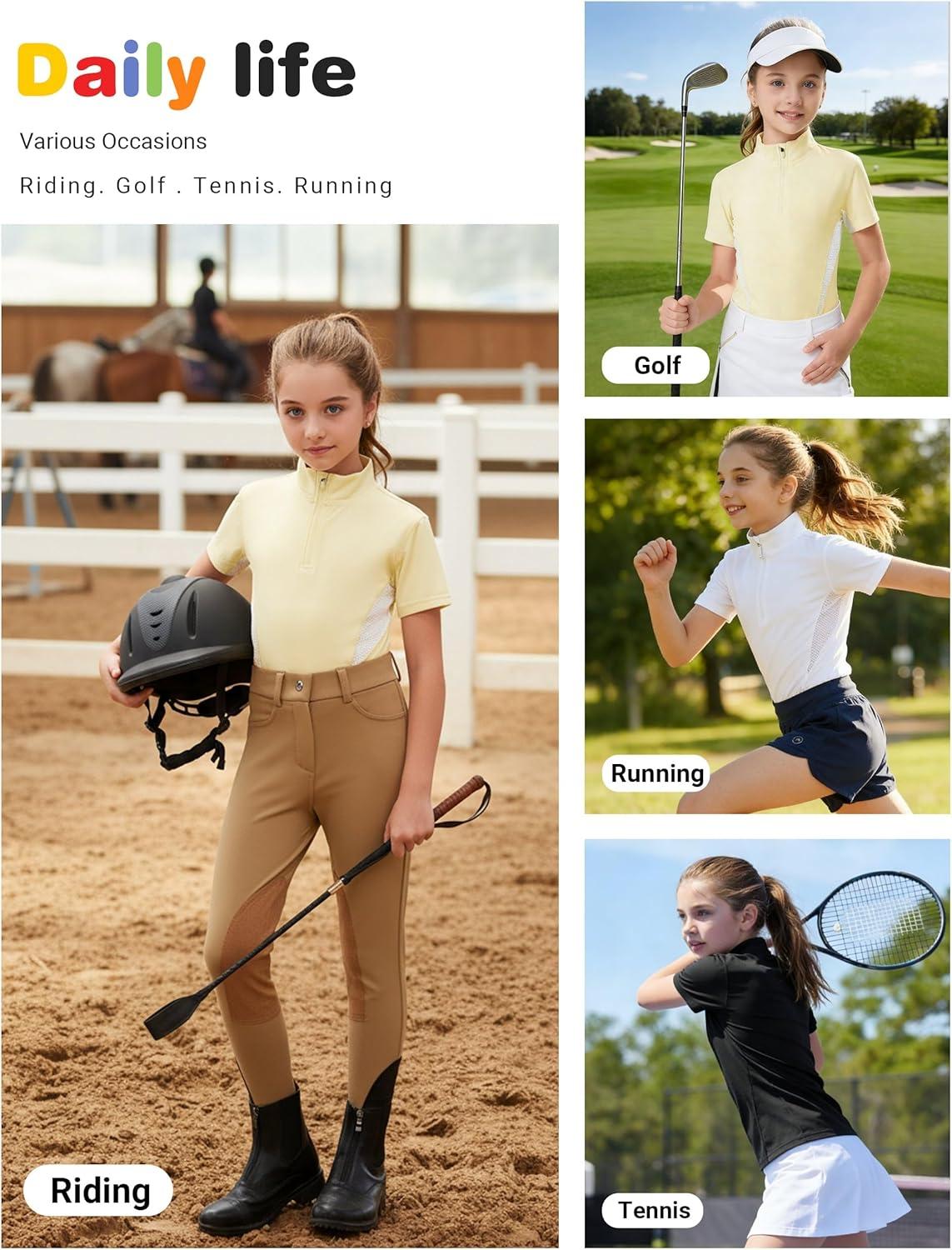 image:imageFitsT4 Sports Girls Short Sleeve Equestrian Shirt Quick Dry Horse Riding Shirts Half Zip Horseback Show ShirtYellow