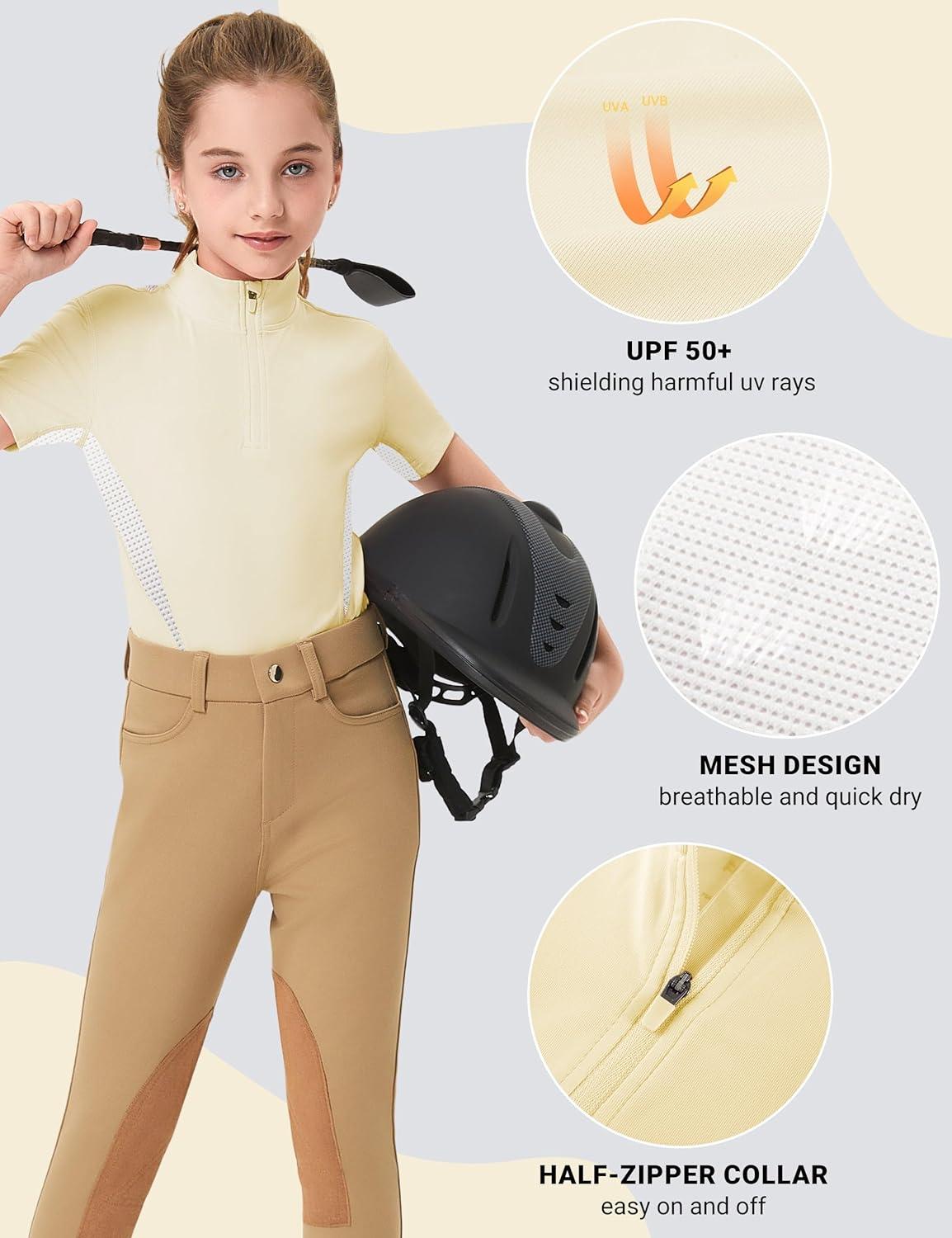 image:imageFitsT4 Sports Girls Short Sleeve Equestrian Shirt Quick Dry Horse Riding Shirts Half Zip Horseback Show ShirtYellow