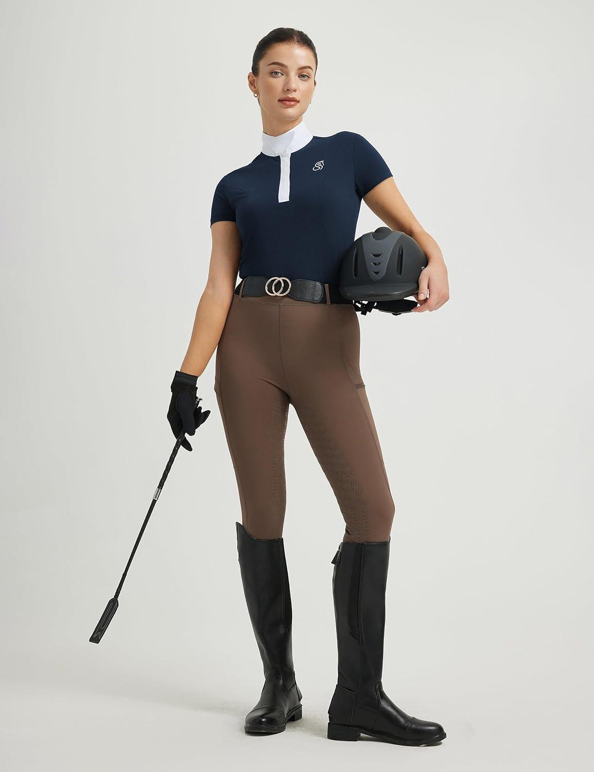 image:imageFitsT4 Sports Womens Short Sleeve Equestrian Show Shirts UPF50 Horse Riding Performance Shirt Rider TopNavy