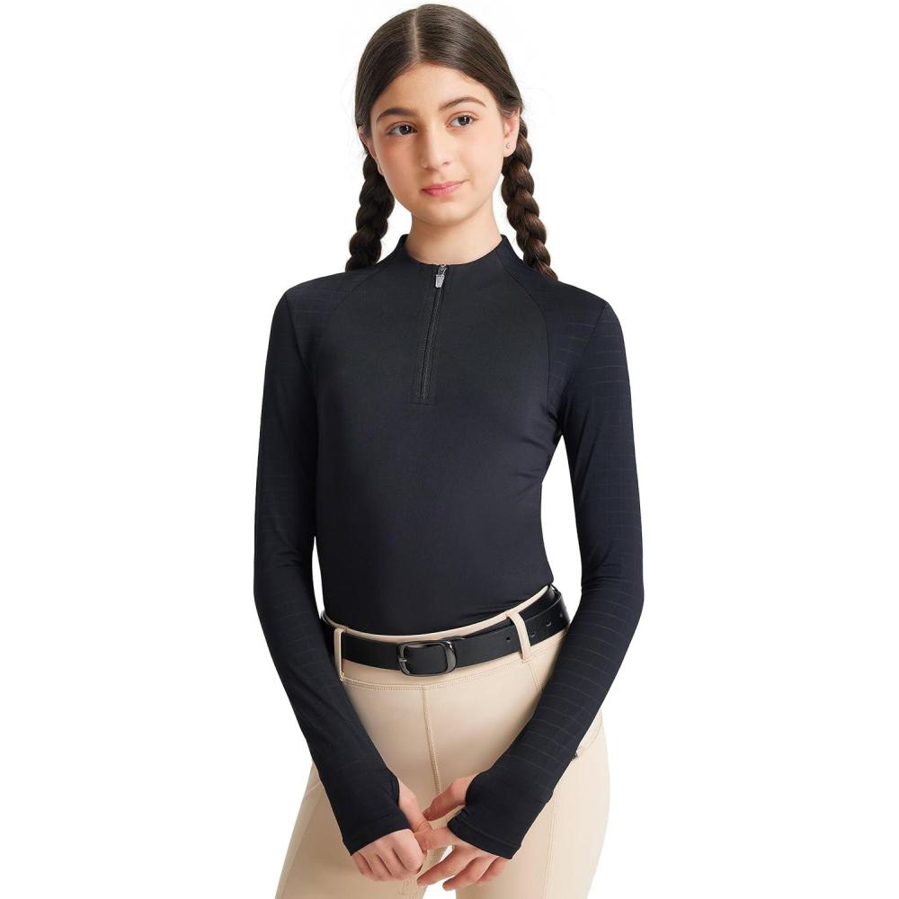 image:imageFitsT4 Sports Girls Long Sleeve Equestrian Shirt Summer Horse Riding Shirts Half Zip Horseback Show Shirt Athletic TopsBlack