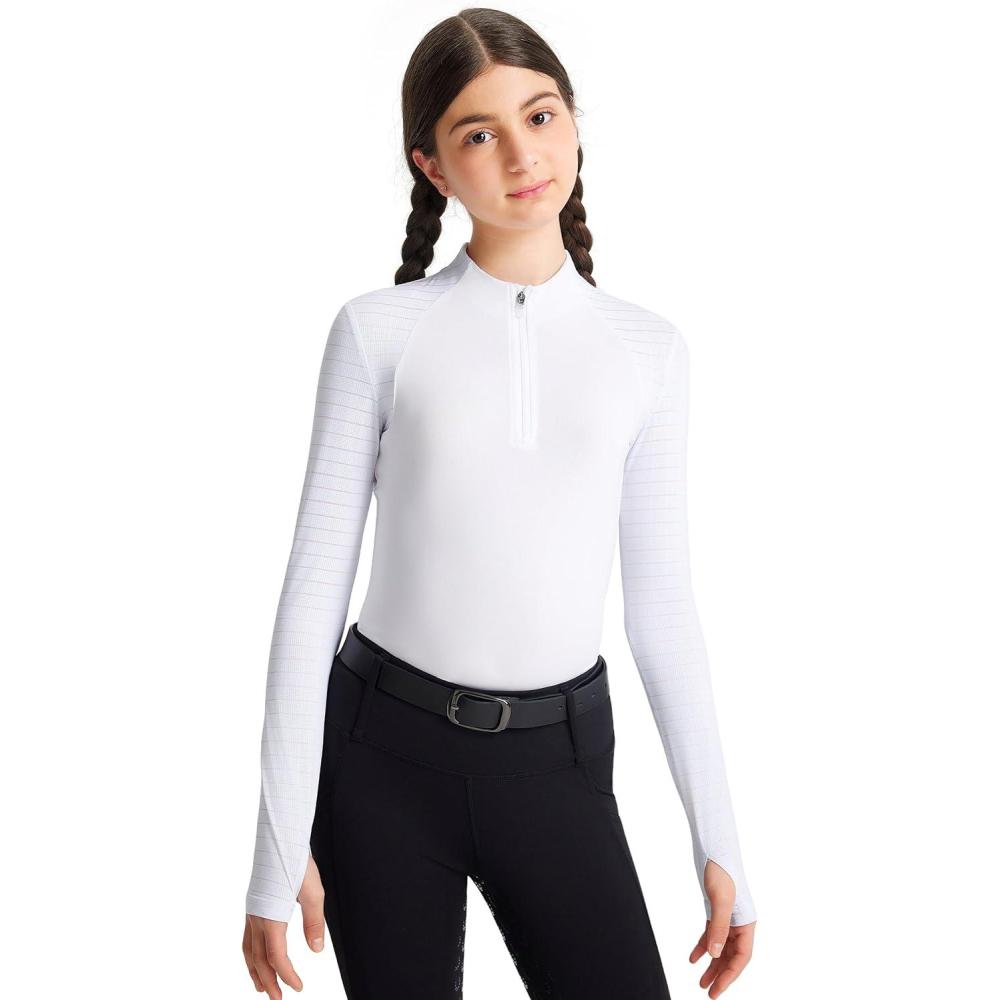 image:imageFitsT4 Sports Girls Long Sleeve Equestrian Shirt Summer Horse Riding Shirts Half Zip Horseback Show Shirt Athletic TopsWhite