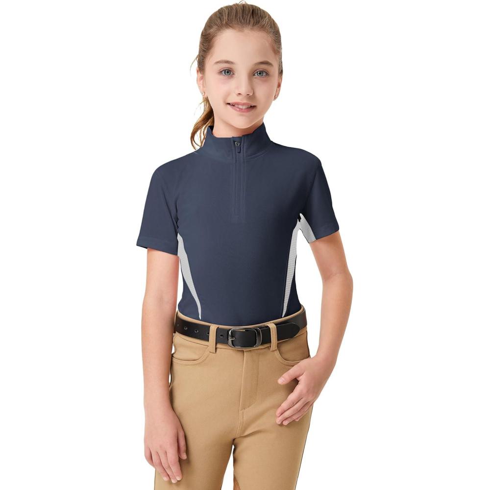 image:imageFitsT4 Sports Girls Short Sleeve Equestrian Shirt Quick Dry Horse Riding Shirts Half Zip Horseback Show ShirtBlue Gray