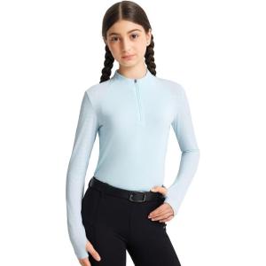 FitsT4 Sports Girls Long Sleeve Equestrian Shirt Summer Horse Riding Shirts Half Zip Horseback Show Shirt Athletic Tops(Light Blue)