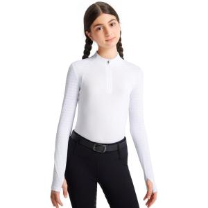 FitsT4 Sports Girls Long Sleeve Equestrian Shirt Summer Horse Riding Shirts Half Zip Horseback Show Shirt Athletic Tops(White)
