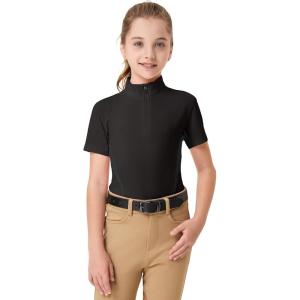 FitsT4 Sports Girls Short Sleeve Equestrian Shirt Quick Dry Horse Riding Shirts Half Zip Horseback Show Shirt(Black Mesh)