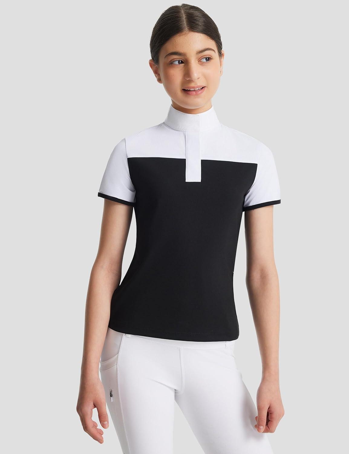 image:imageFitsT4 Sports Girls Equestrian Show Shirts Short Sleeve Horse Riding Shirt Button Up Performance Shirt Rider TopBlack