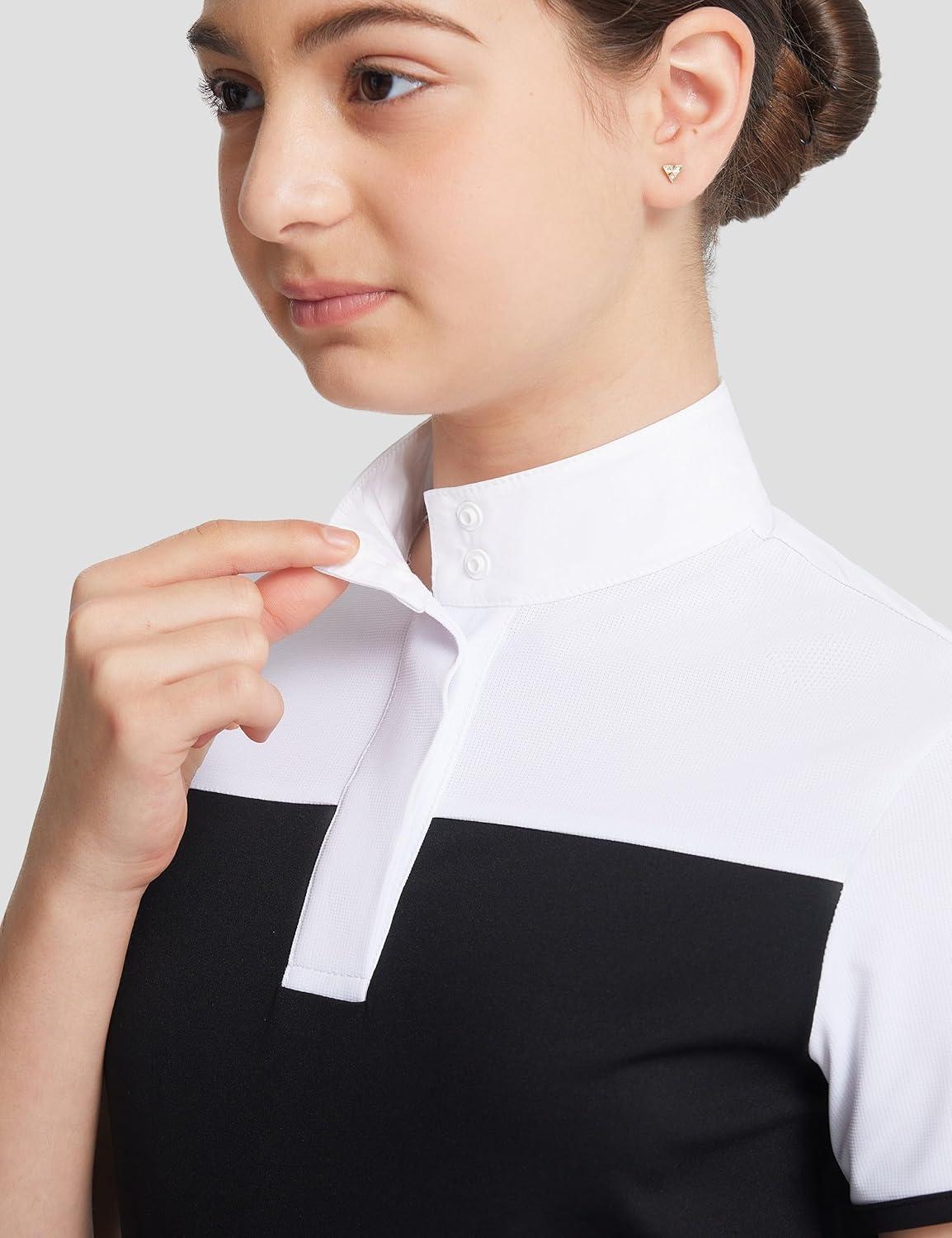 image:imageFitsT4 Sports Girls Equestrian Show Shirts Short Sleeve Horse Riding Shirt Button Up Performance Shirt Rider TopBlack