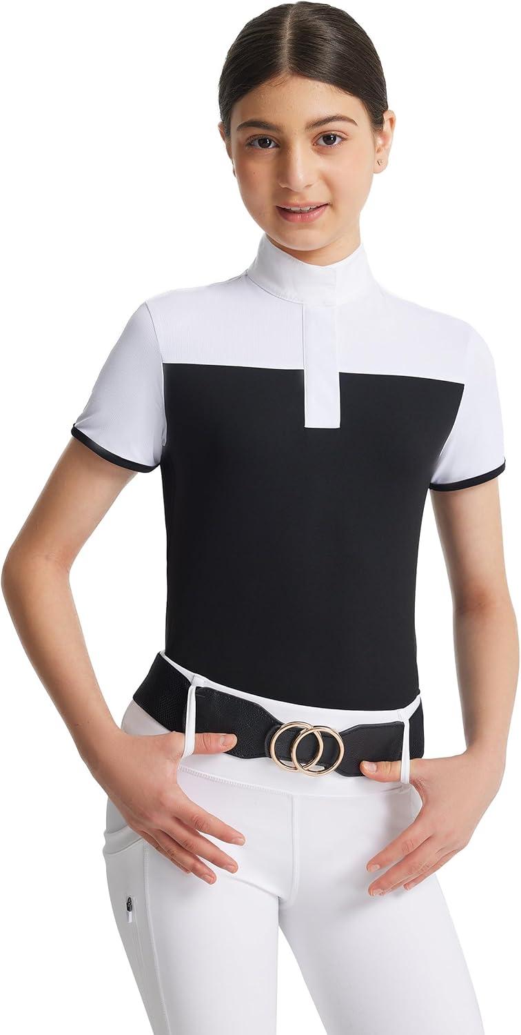 image:imageFitsT4 Sports Girls Equestrian Show Shirts Short Sleeve Horse Riding Shirt Button Up Performance Shirt Rider TopBlack