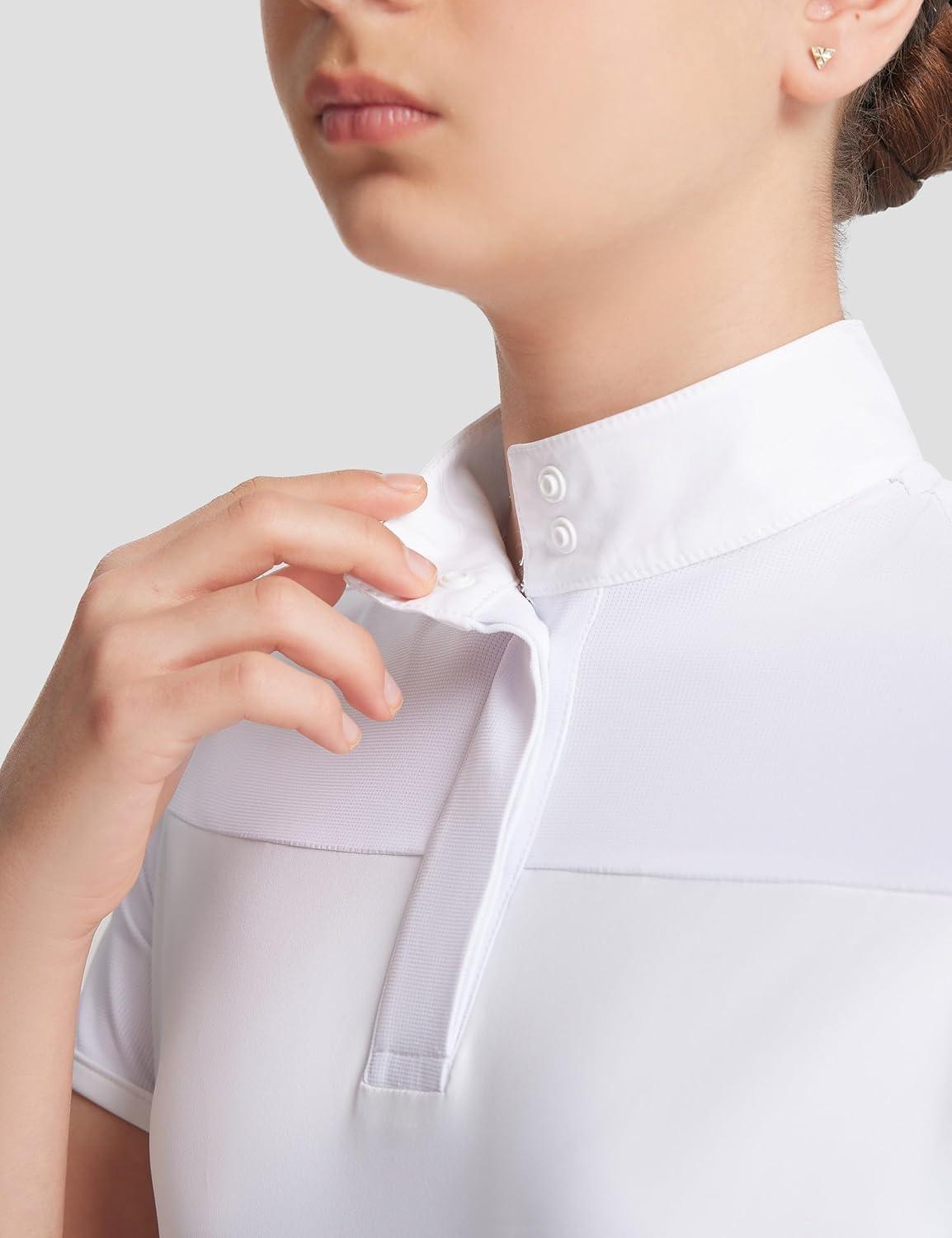 image:imageFitsT4 Sports Girls Equestrian Show Shirts Short Sleeve Horse Riding Shirt Button Up Performance Shirt Rider TopWhite