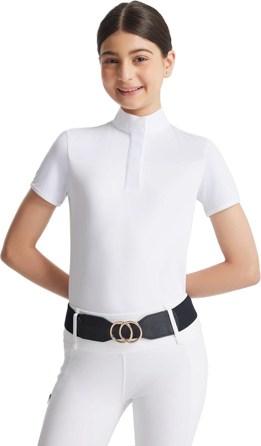 image:imageFitsT4 Sports Girls Equestrian Show Shirts Short Sleeve Horse Riding Shirt Button Up Performance Shirt Rider TopWhite