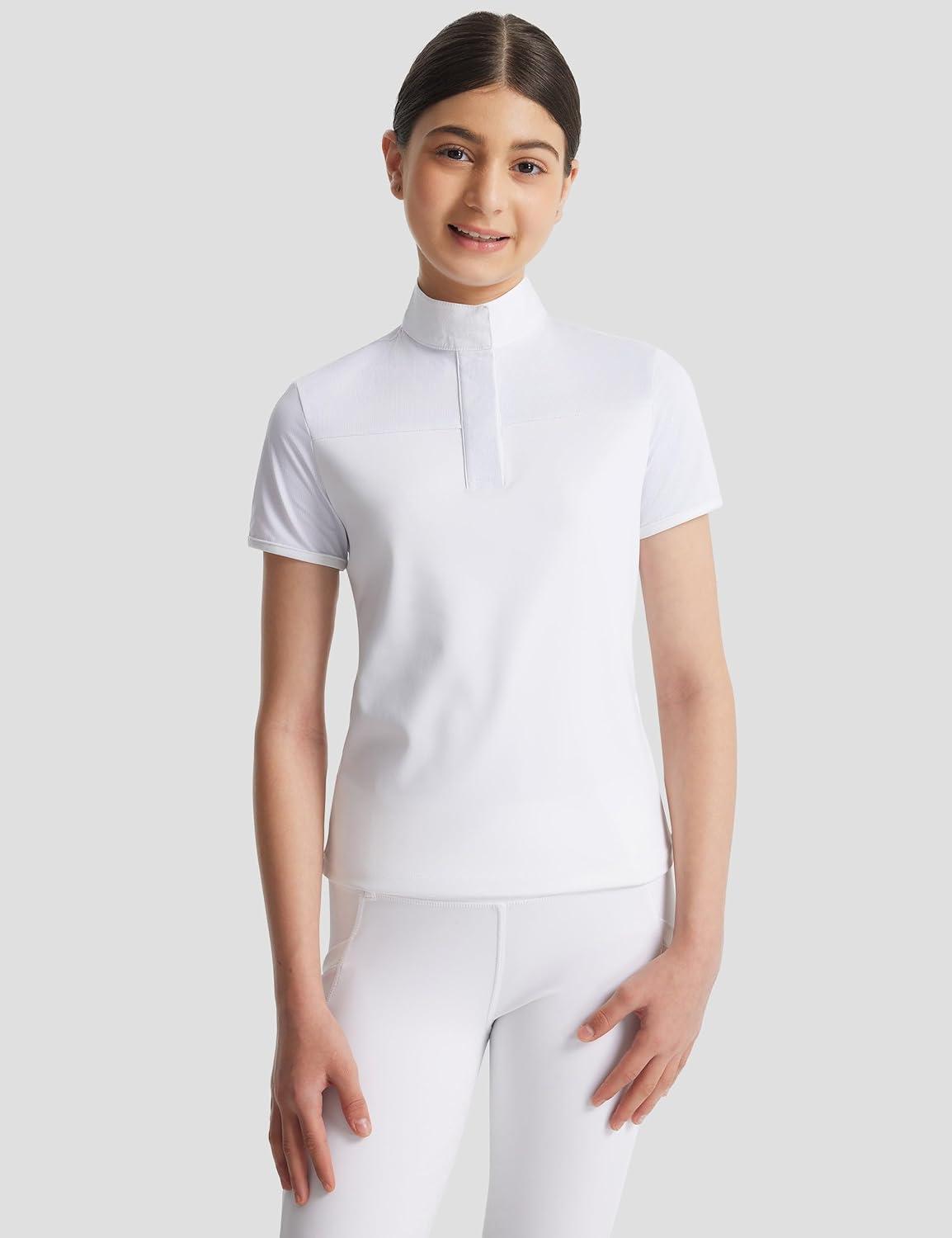 image:imageFitsT4 Sports Girls Equestrian Show Shirts Short Sleeve Horse Riding Shirt Button Up Performance Shirt Rider TopWhite