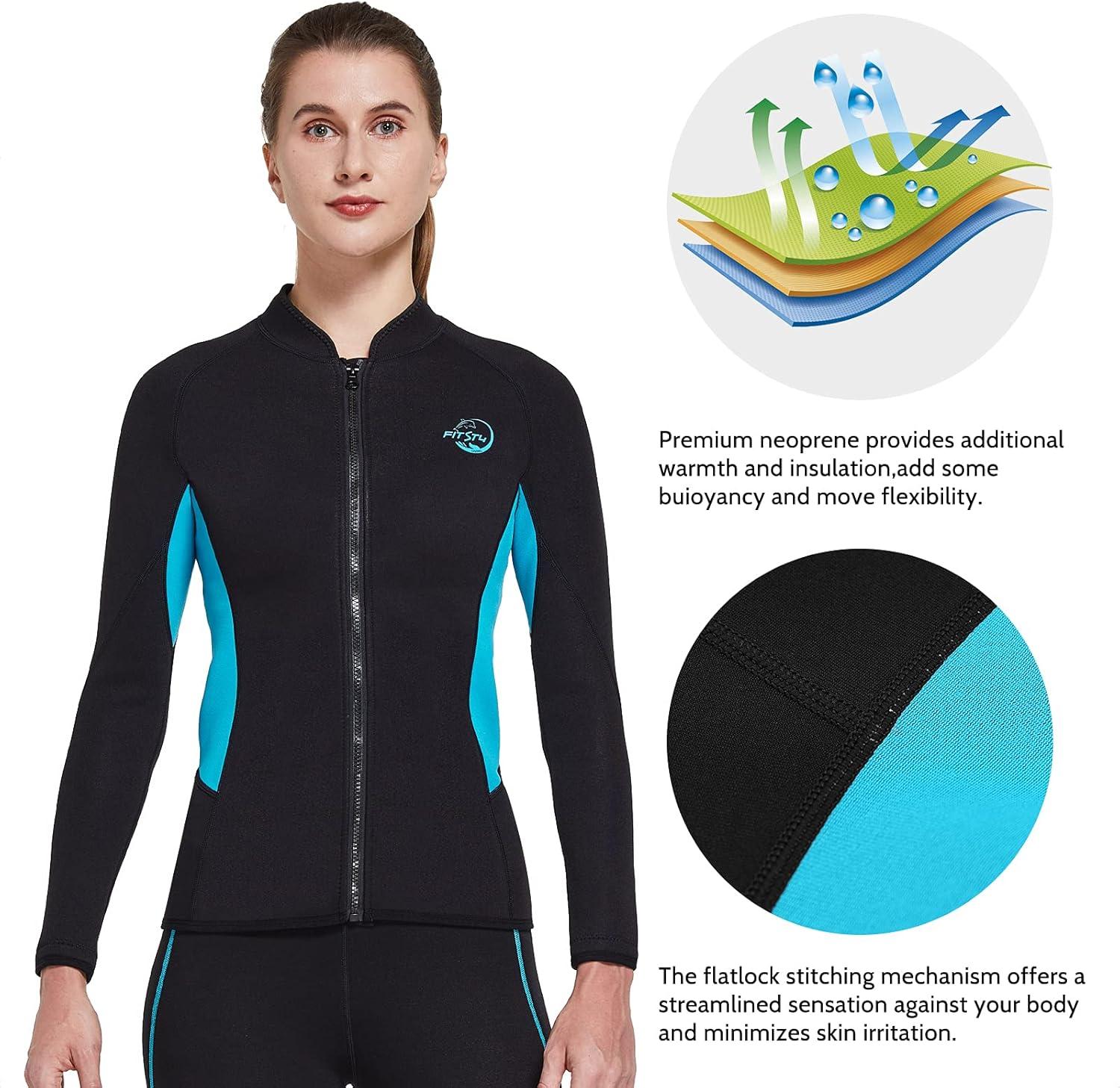 image:imageFitsT4 Womens Wetsuit Top 2mm Long Sleeve Neoprene Wetsuit Jacket with Front Zipper for Swimming Diving Surfing Boating Kayaking Snorkeling
