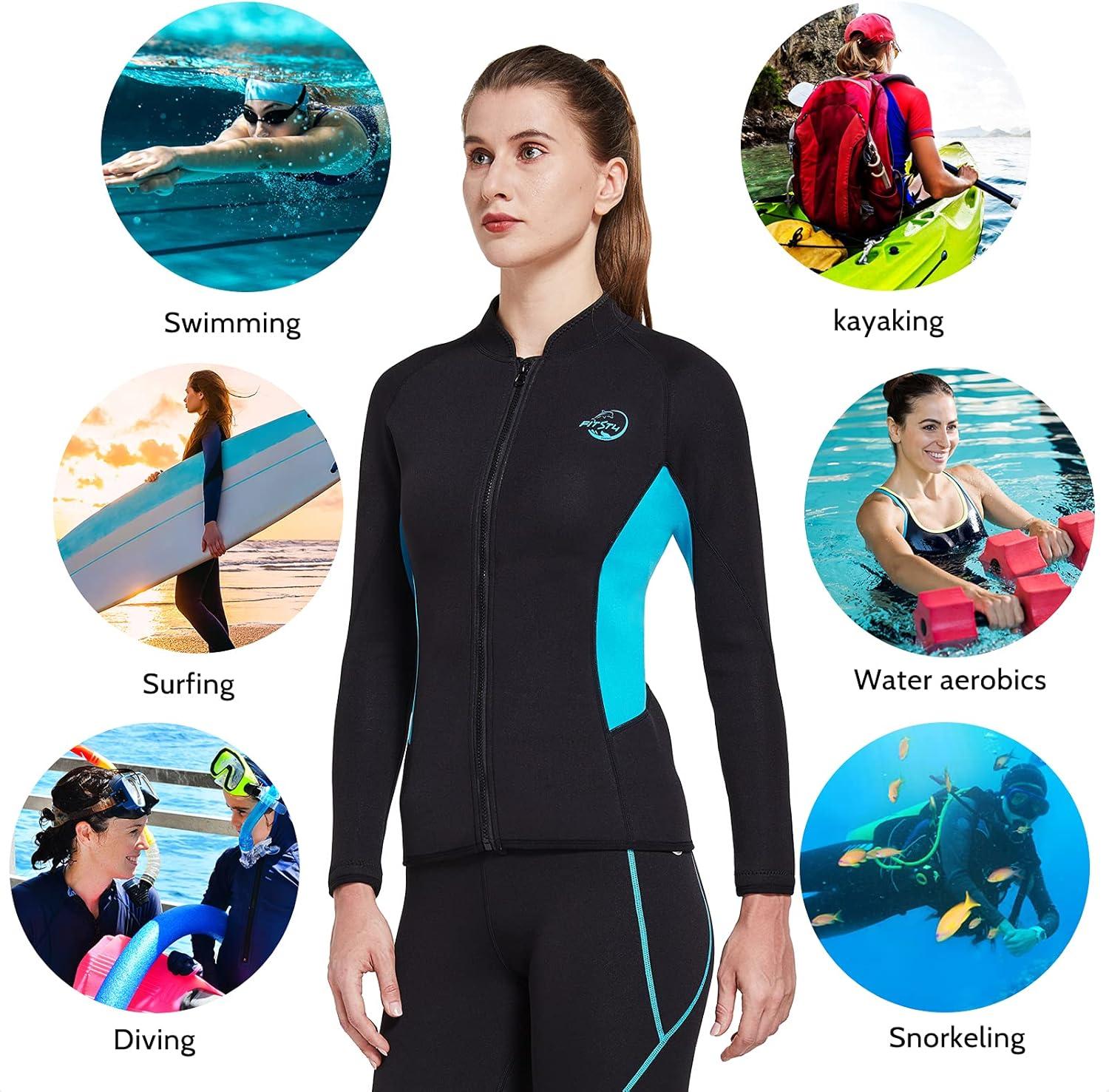image:imageFitsT4 Womens Wetsuit Top 2mm Long Sleeve Neoprene Wetsuit Jacket with Front Zipper for Swimming Diving Surfing Boating Kayaking Snorkeling