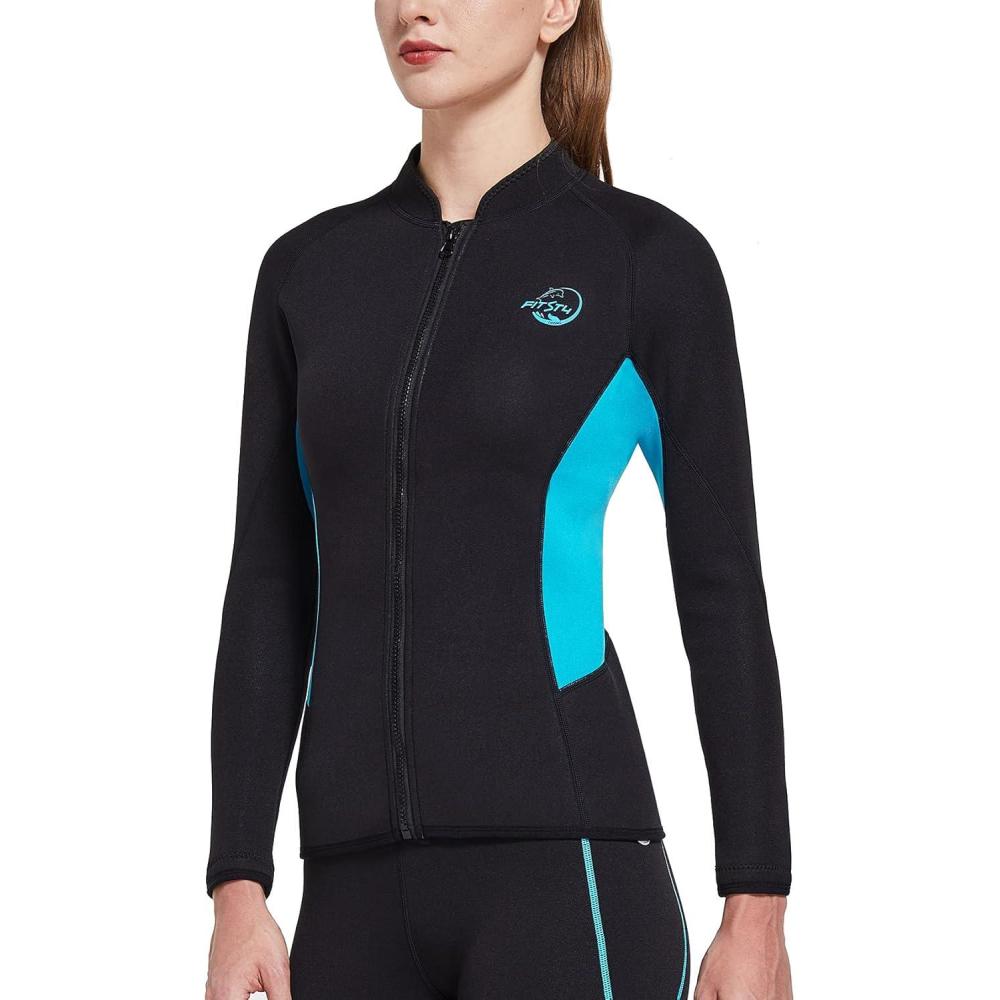 image:imageFitsT4 Womens Wetsuit Top 2mm Long Sleeve Neoprene Wetsuit Jacket with Front Zipper for Swimming Diving Surfing Boating Kayaking Snorkeling