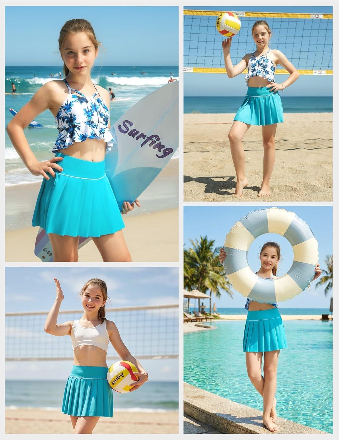 image:imageFitsT4 Sports Girls Swim Skirts with Pocket amp Shorts UPF 50 Swimming Bottom Kids Bathing Skort for Surfing Beach VolleyballAqua