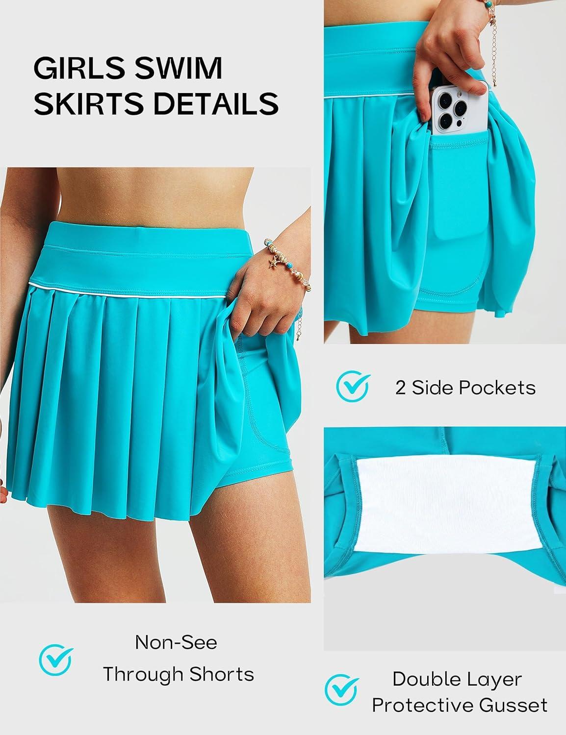 image:imageFitsT4 Sports Girls Swim Skirts with Pocket amp Shorts UPF 50 Swimming Bottom Kids Bathing Skort for Surfing Beach VolleyballAqua