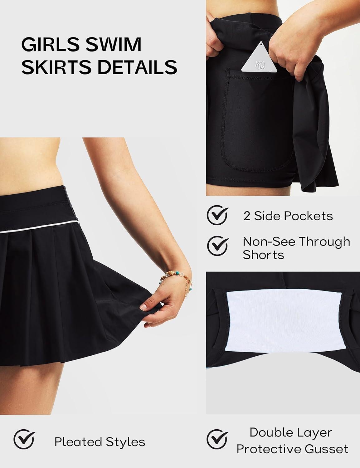 image:imageFitsT4 Sports Girls Swim Skirts with Pocket amp Shorts UPF 50 Swimming Bottom Kids Bathing Skort for Surfing Beach VolleyballBlack