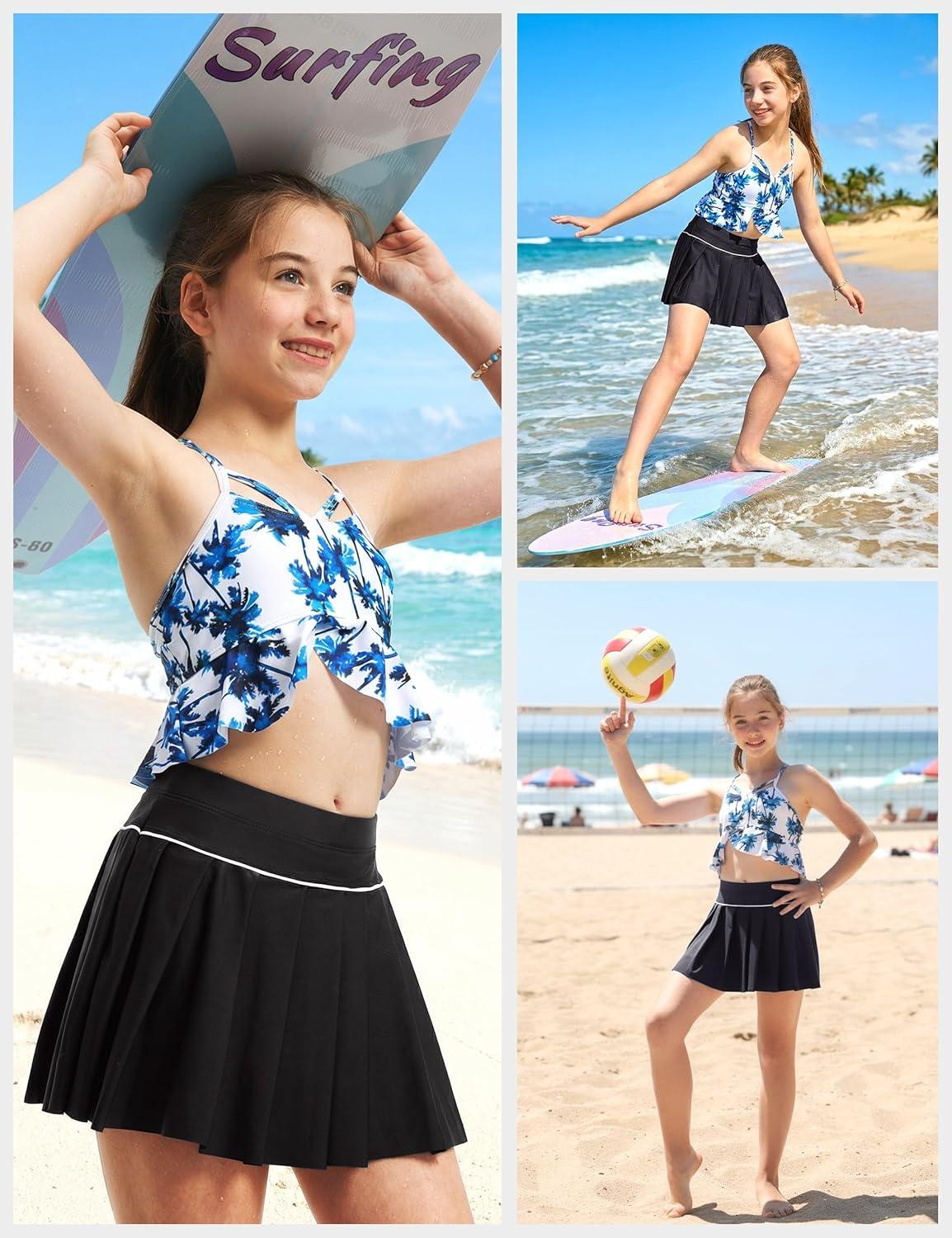 image:imageFitsT4 Sports Girls Swim Skirts with Pocket amp Shorts UPF 50 Swimming Bottom Kids Bathing Skort for Surfing Beach VolleyballBlack