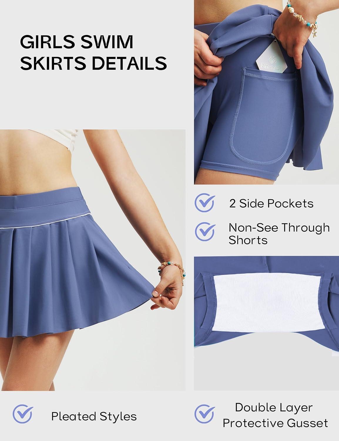 image:imageFitsT4 Sports Girls Swim Skirts with Pocket amp Shorts UPF 50 Swimming Bottom Kids Bathing Skort for Surfing Beach VolleyballGrayish Blue