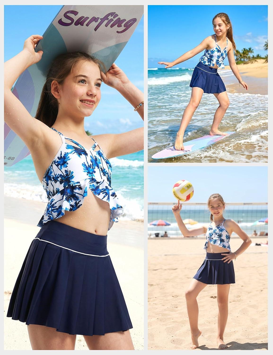 image:imageFitsT4 Sports Girls Swim Skirts with Pocket amp Shorts UPF 50 Swimming Bottom Kids Bathing Skort for Surfing Beach VolleyballNavy