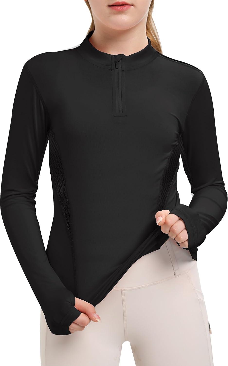 image:imageFitsT4 Sports Girls Long Sleeves Shirts Thumbhole English Horse Riding Shirt UPF50 Quick Dry Kids Equestrain Half Zip JacketBlack