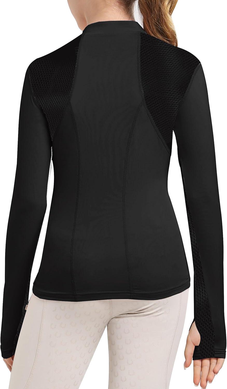 image:imageFitsT4 Sports Girls Long Sleeves Shirts Thumbhole English Horse Riding Shirt UPF50 Quick Dry Kids Equestrain Half Zip JacketBlack