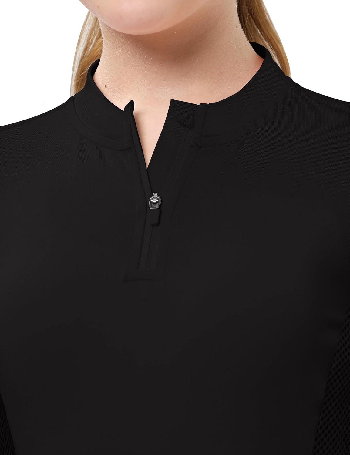 image:imageFitsT4 Sports Girls Long Sleeves Shirts Thumbhole English Horse Riding Shirt UPF50 Quick Dry Kids Equestrain Half Zip JacketBlack