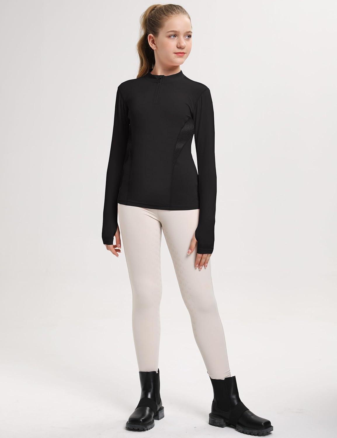 image:imageFitsT4 Sports Girls Long Sleeves Shirts Thumbhole English Horse Riding Shirt UPF50 Quick Dry Kids Equestrain Half Zip JacketBlack