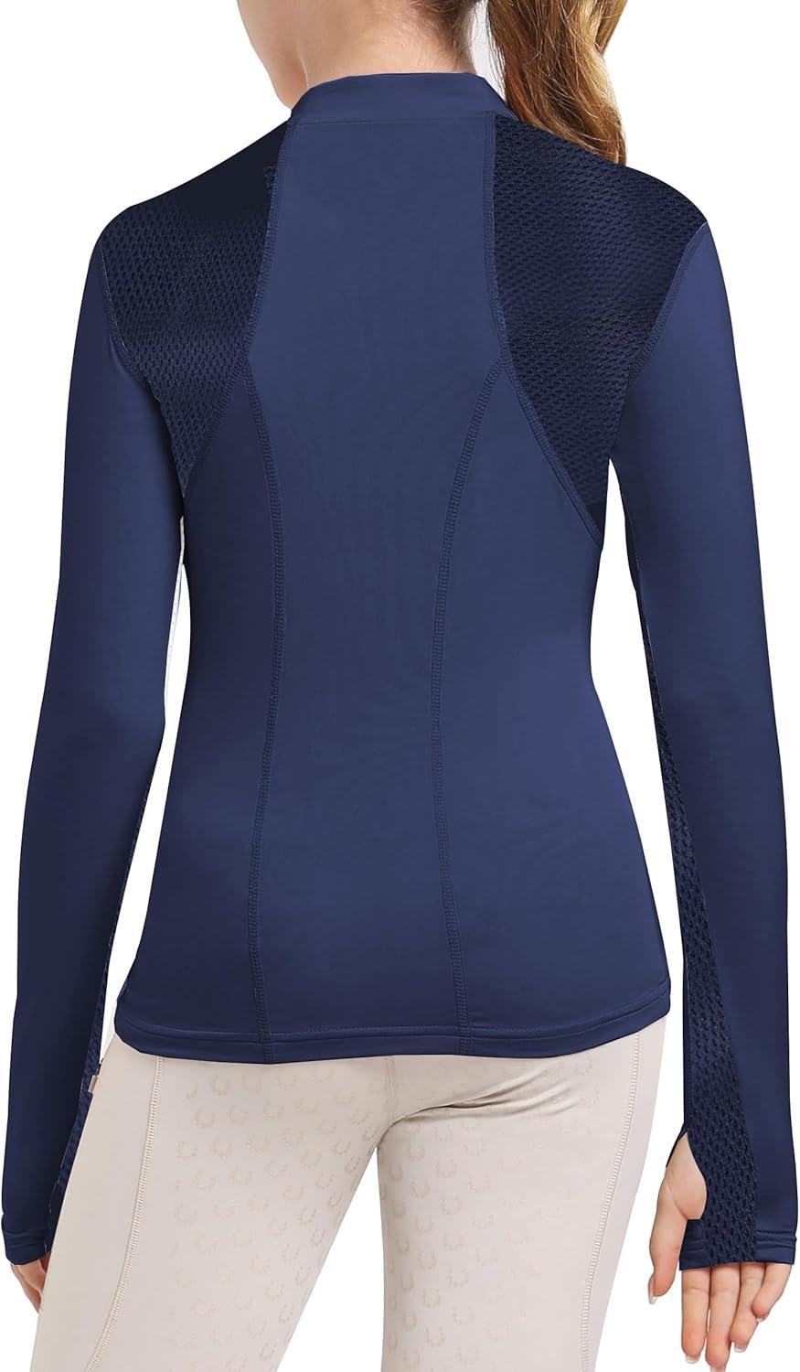 image:imageFitsT4 Sports Girls Long Sleeves Shirts Thumbhole English Horse Riding Shirt UPF50 Quick Dry Kids Equestrain Half Zip JacketNavy
