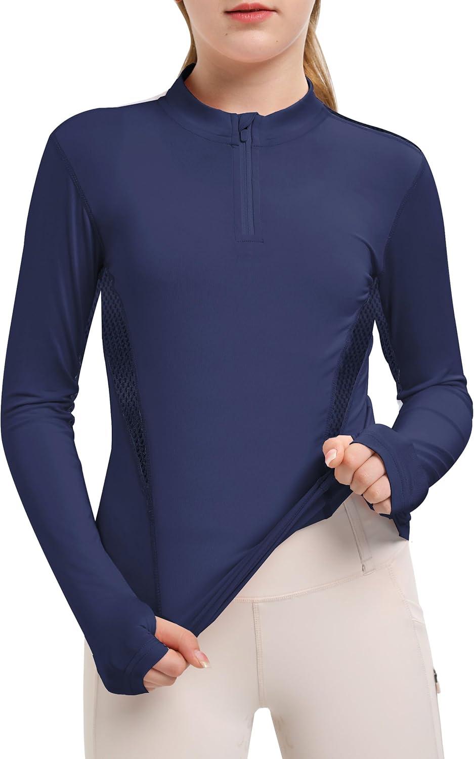 image:imageFitsT4 Sports Girls Long Sleeves Shirts Thumbhole English Horse Riding Shirt UPF50 Quick Dry Kids Equestrain Half Zip JacketNavy