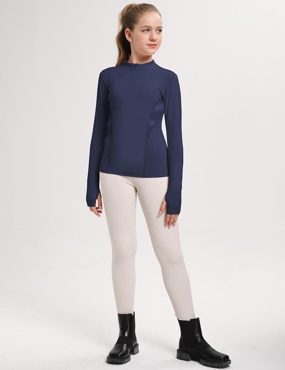 image:imageFitsT4 Sports Girls Long Sleeves Shirts Thumbhole English Horse Riding Shirt UPF50 Quick Dry Kids Equestrain Half Zip JacketNavy