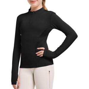 FitsT4 Sports Girls Long Sleeves Shirts Thumbhole English Horse Riding Shirt UPF50 Quick Dry Kids Equestrain Half Zip Jacket(Black)