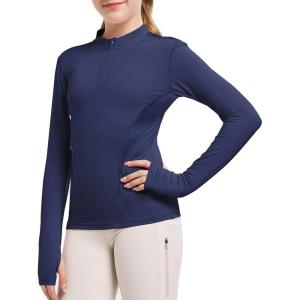 FitsT4 Sports Girls Long Sleeves Shirts Thumbhole English Horse Riding Shirt UPF50 Quick Dry Kids Equestrain Half Zip Jacket(Navy)