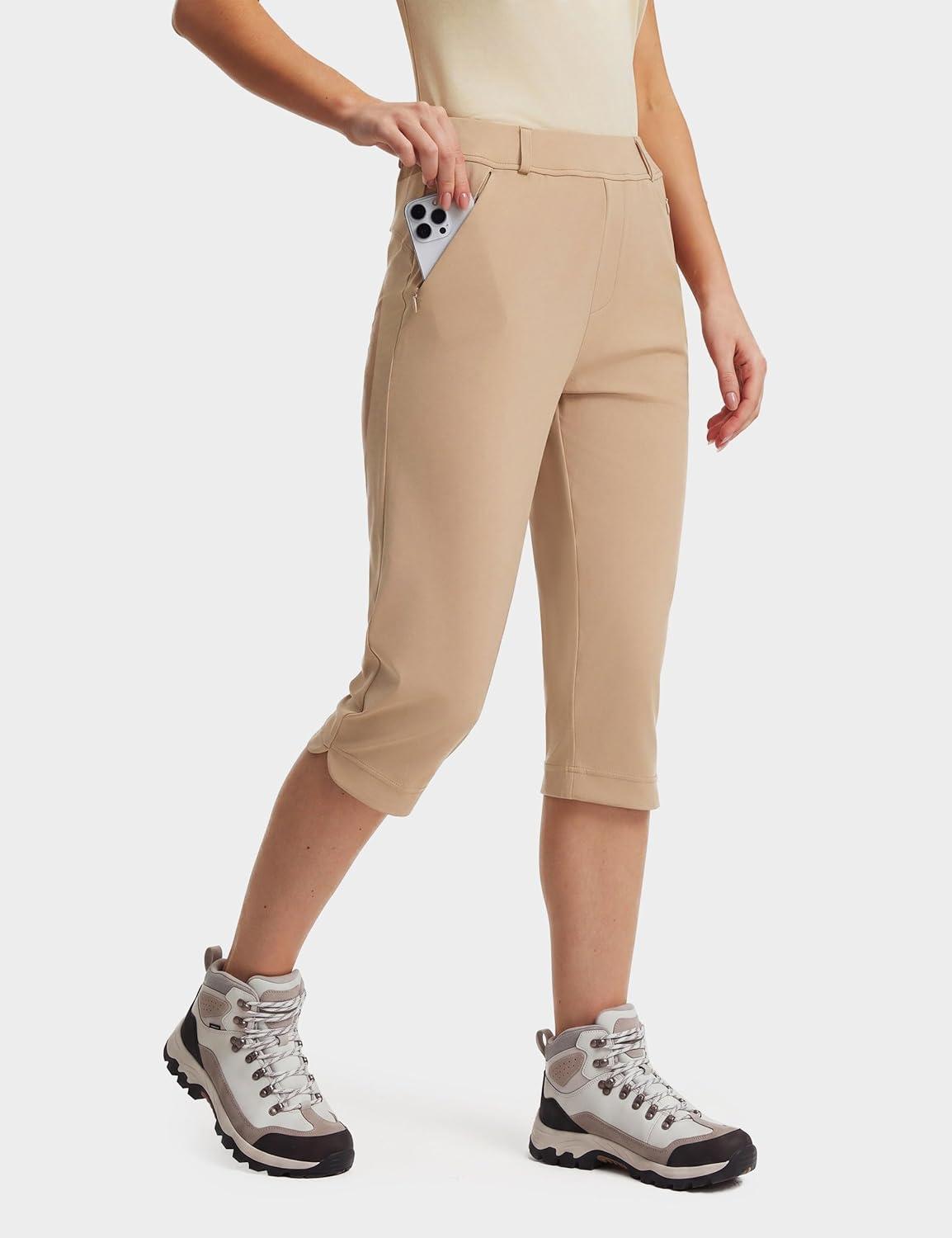 image:imageFitsT4 Sports Women 18 Golf Capris High Waist Stretch Hiking Capri Pants with Pockets Work CasualKhaki