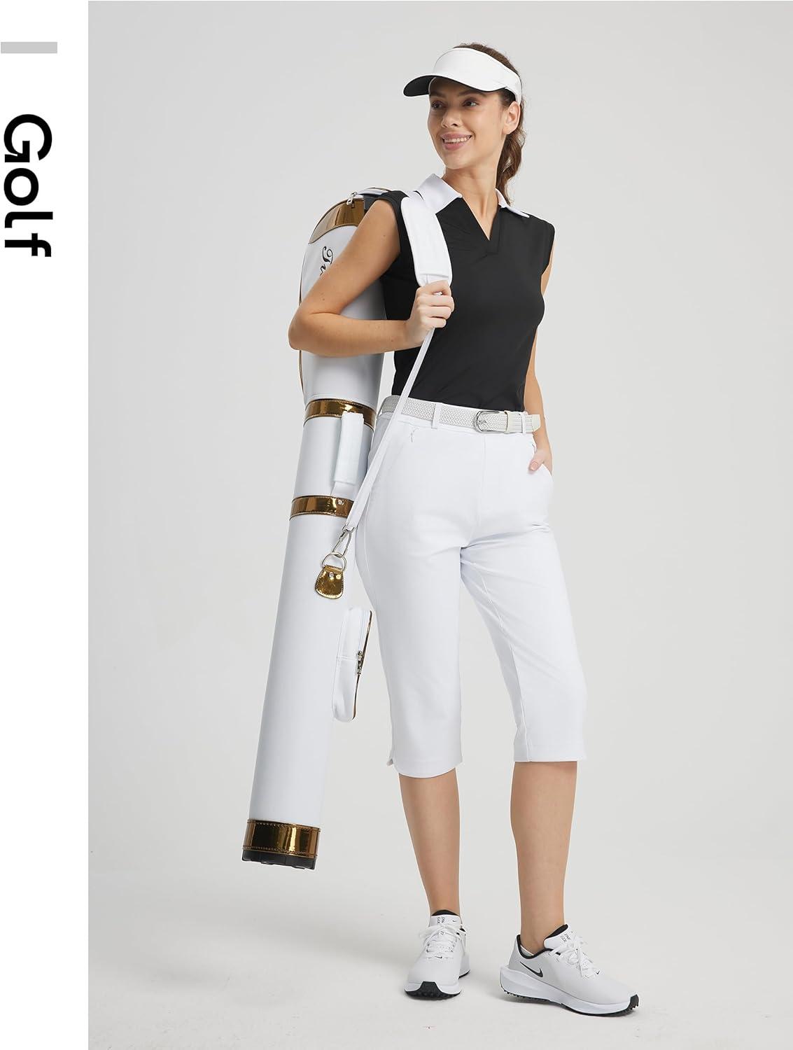 image:imageFitsT4 Sports Women 18 Golf Capris High Waist Stretch Hiking Capri Pants with Pockets Work CasualWhite
