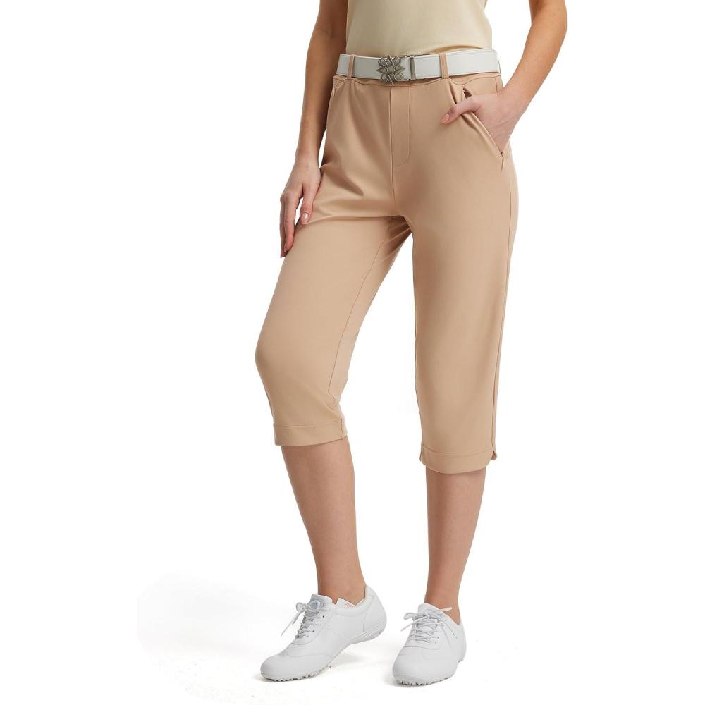image:imageFitsT4 Sports Women 18 Golf Capris High Waist Stretch Hiking Capri Pants with Pockets Work CasualKhaki